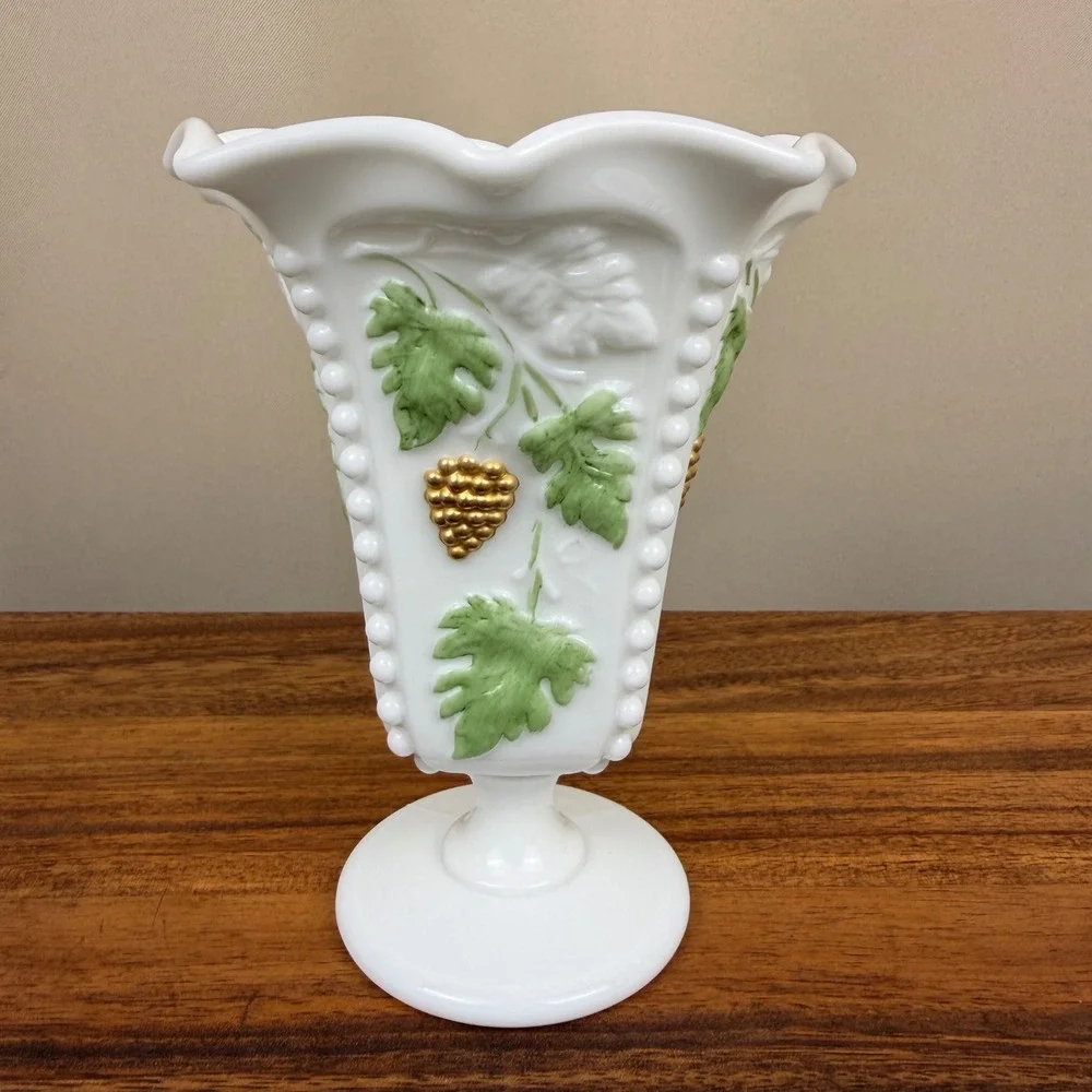 Westmoreland Milk Glass Paneled Grape Vase Hand Painted Green Gold Footed 6.25